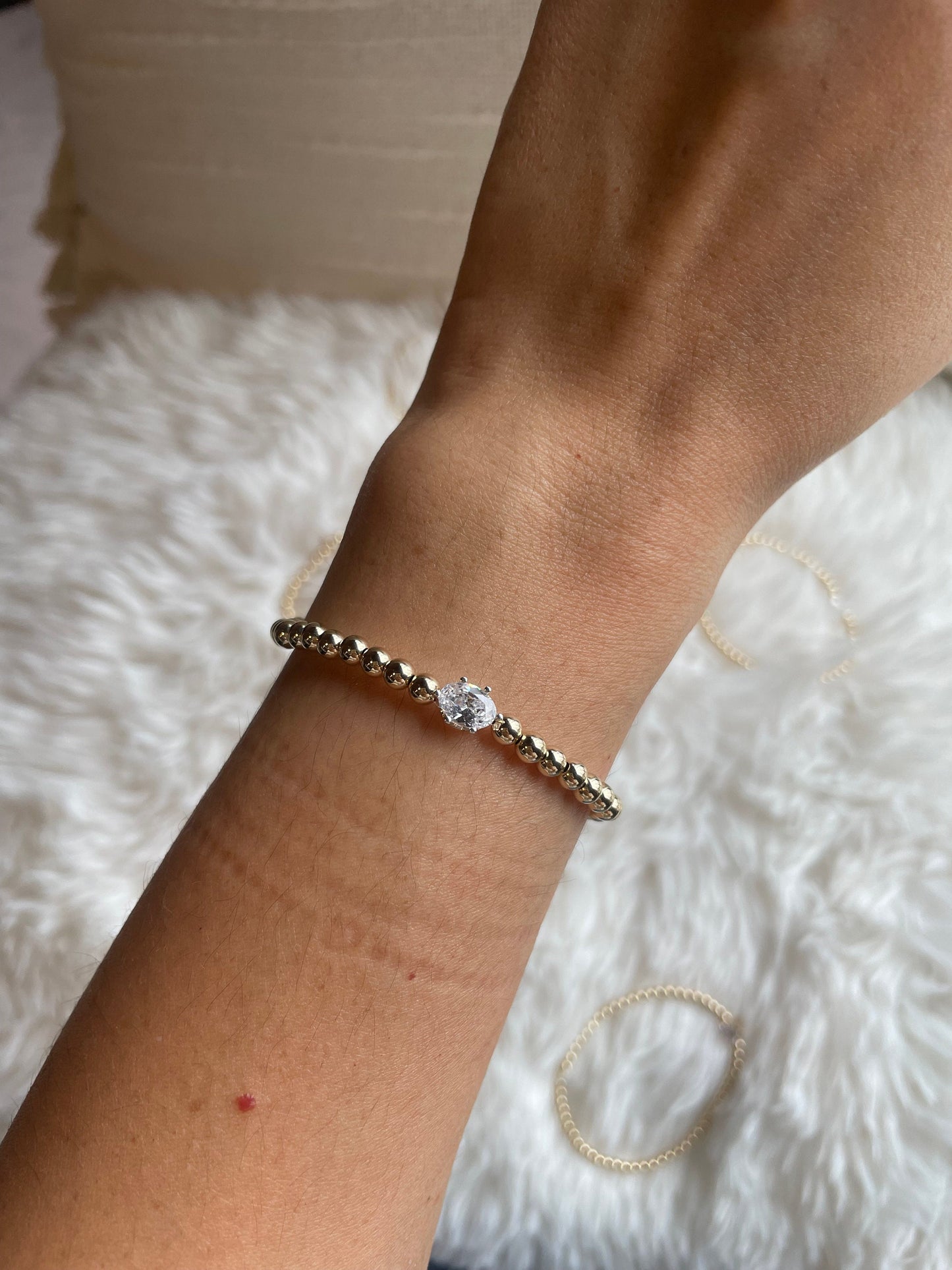14KGF Gold Beaded Bracelet: Diamond CZ Solitaire