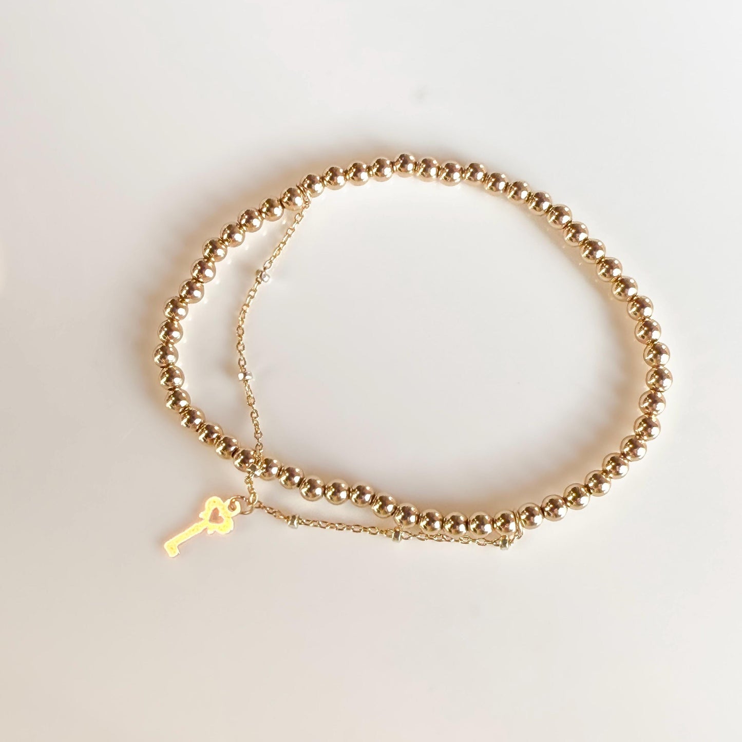 14KGF Dual Chain 3mm Gold Filled Beaded Bracelet | Easy Layered Look with Dainty Key Charm (B10)