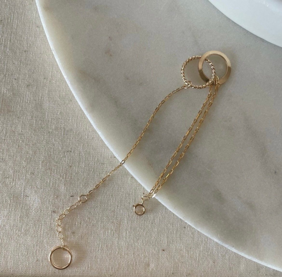 14K Gold Filled Necklace Bracelet Set: Disc Pendant, Double Strand