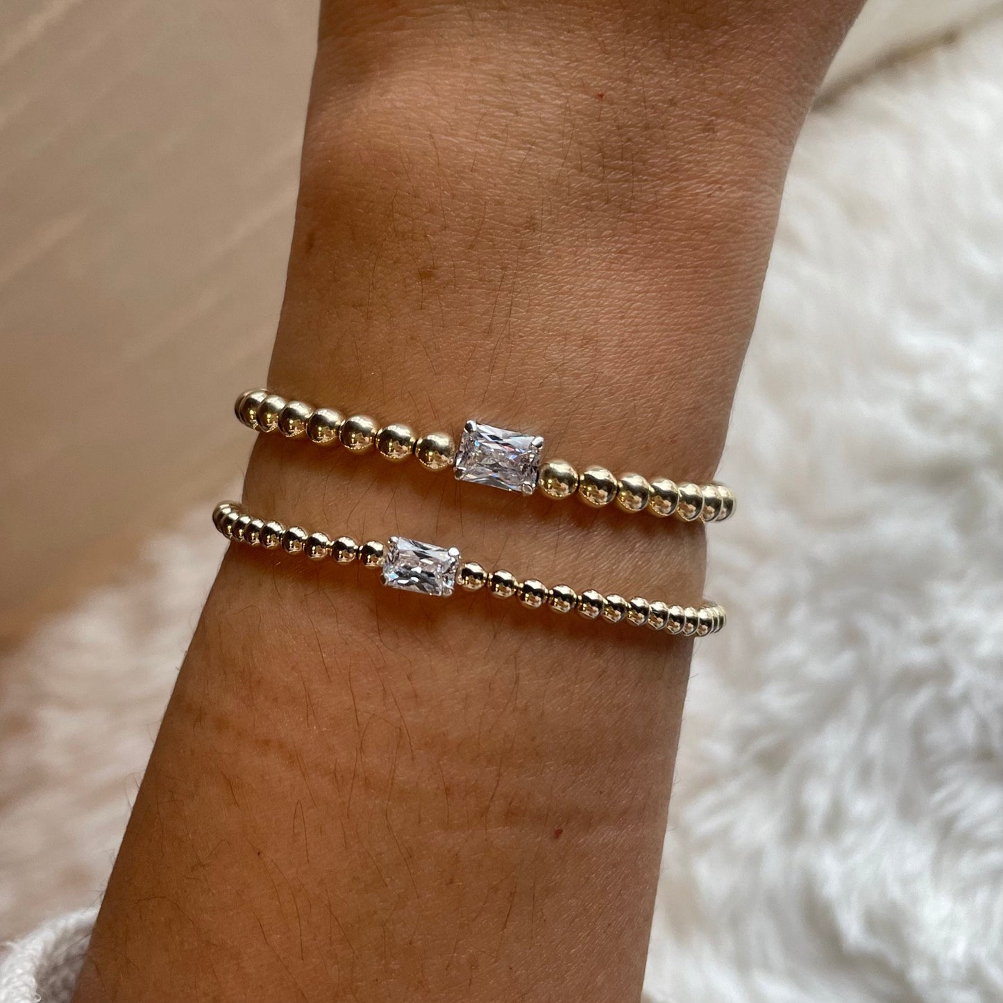 14K Gold Filled Beaded Bracelet: Diamond CZ Solitaire