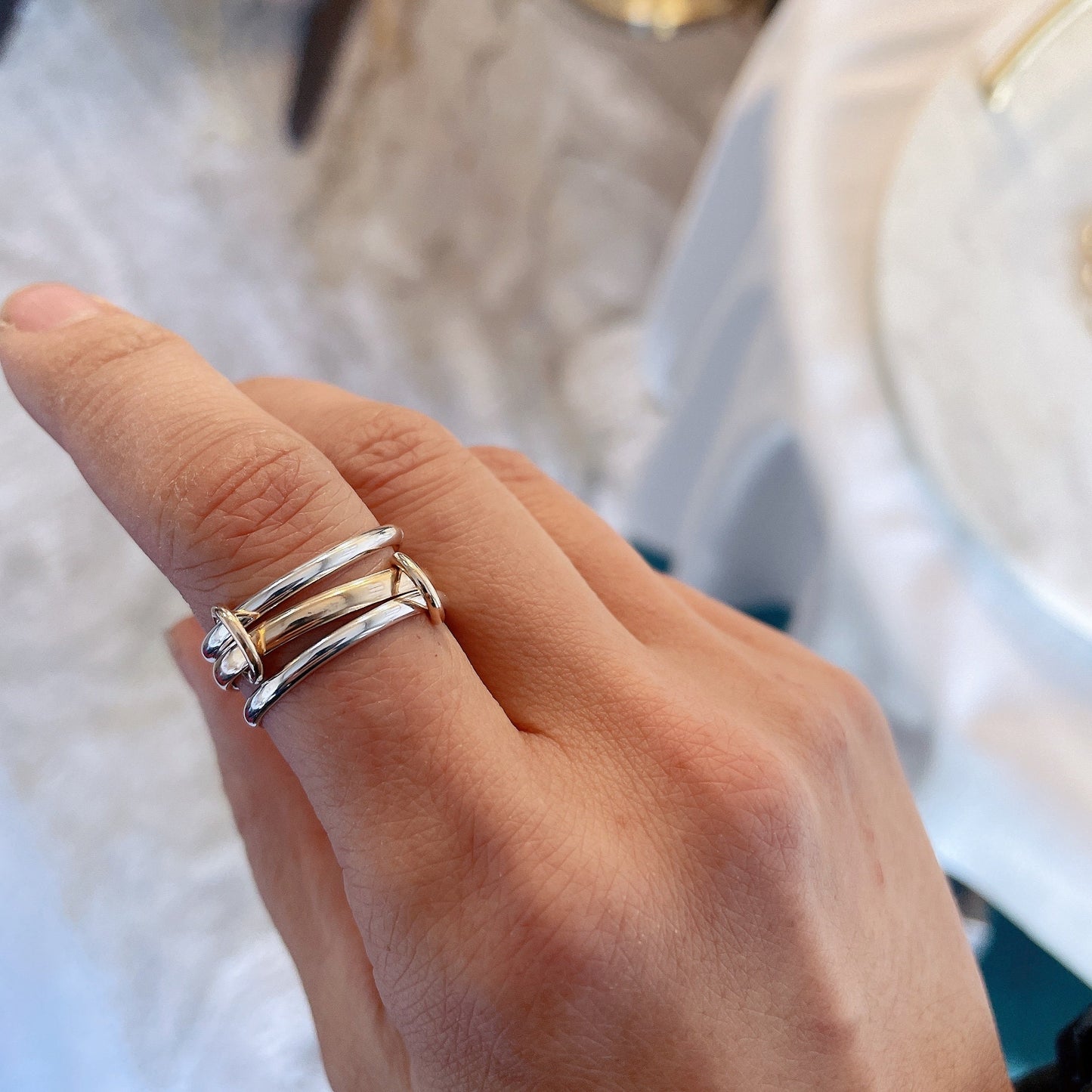 Two-Tone Connected Rings: 14KGF Gold and Sterling Silver Stacking Ring (R2S1)