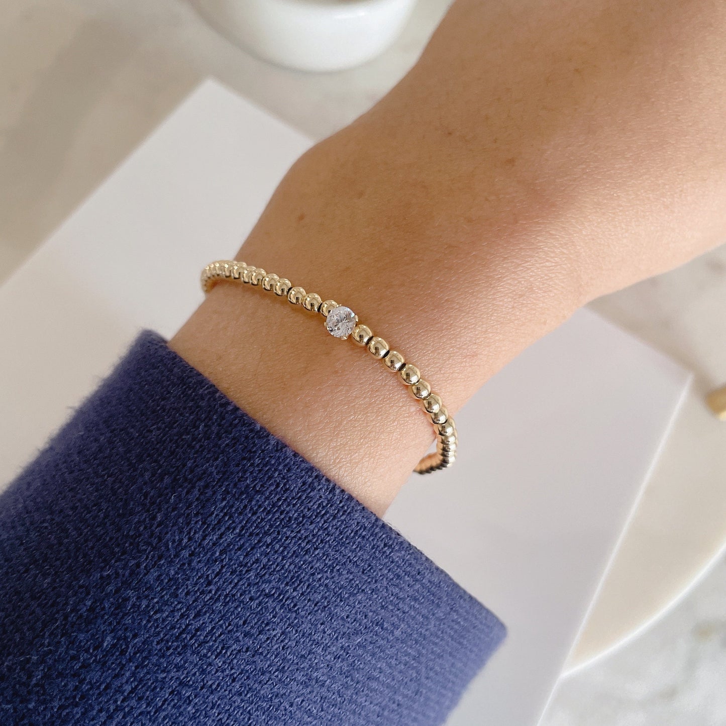 14K Gold Filled Beaded Bracelet: CZ Diamond Point Solitaire