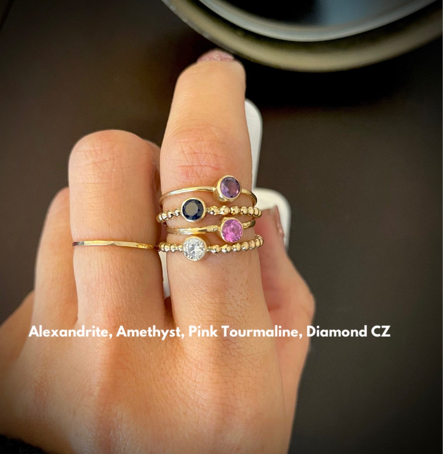 14KGF Bezel Birthstone Ring: Handmade Gold Stacking Ring
