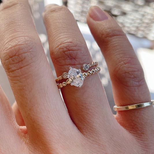 14KGF Solitaire Diamond Cut Oval CZ Ring Set, 7*5 Oval Prong Setting, 14K Gold filled Bead Band , Precious Stone Ring, 14K 1/20