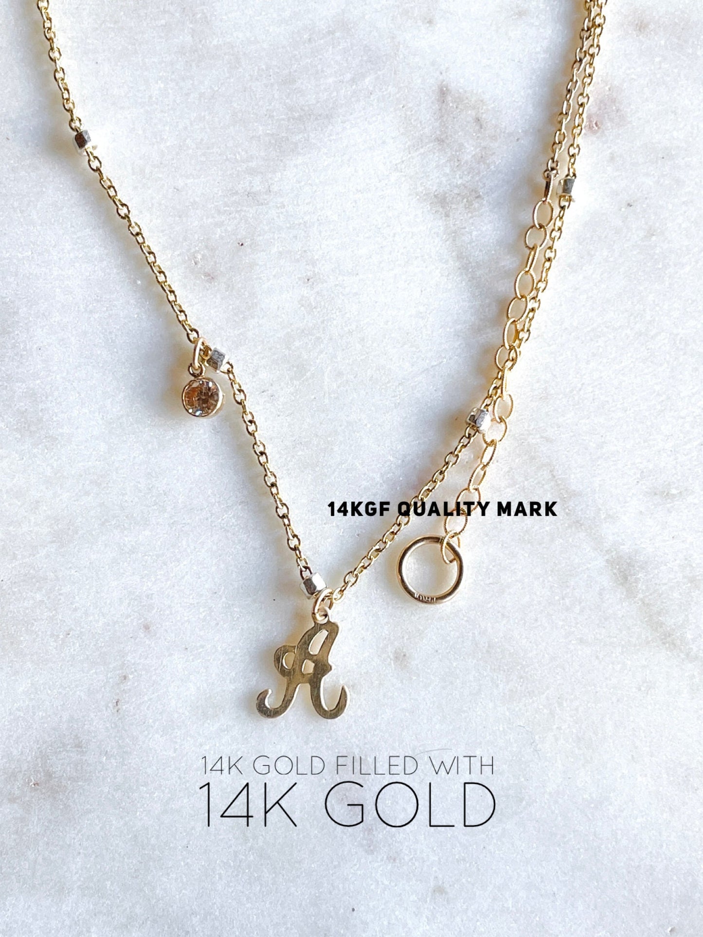14K Gold Filled Initial Necklace: Personalized Birthstone Charm