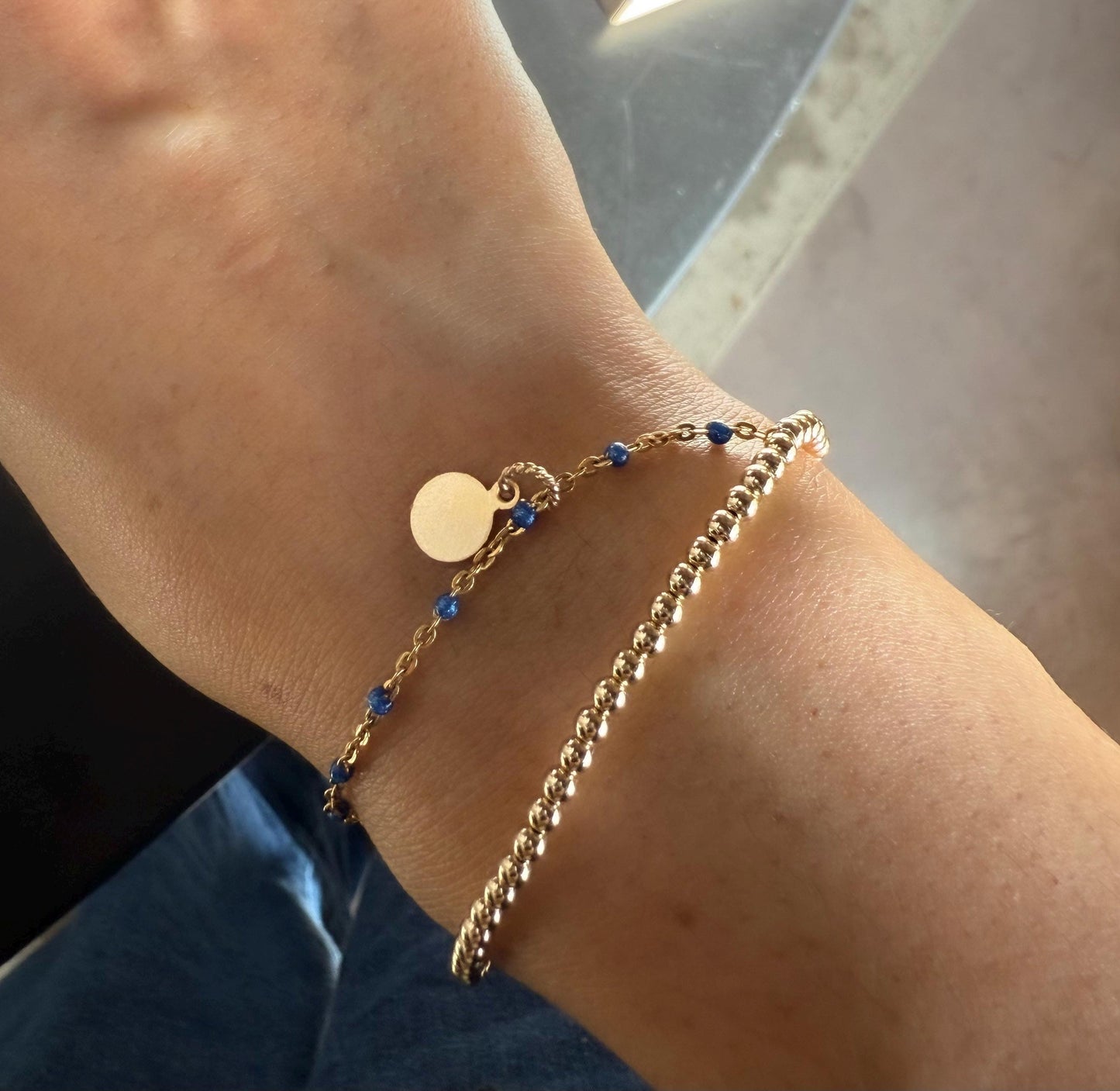 14KGF Dual Chain 3mm Gold Filled Beaded Bracelet | Easy Layered Look with Dainty Key Charm (B11)