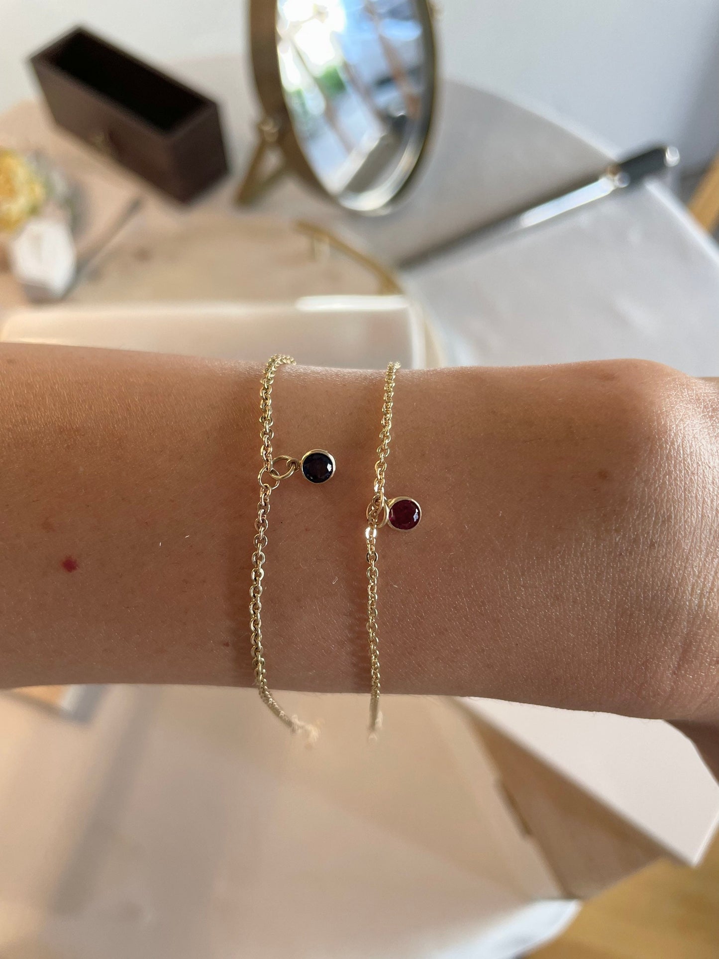 14K Goldfilled Sapphire Garnet Dangle Bracelet