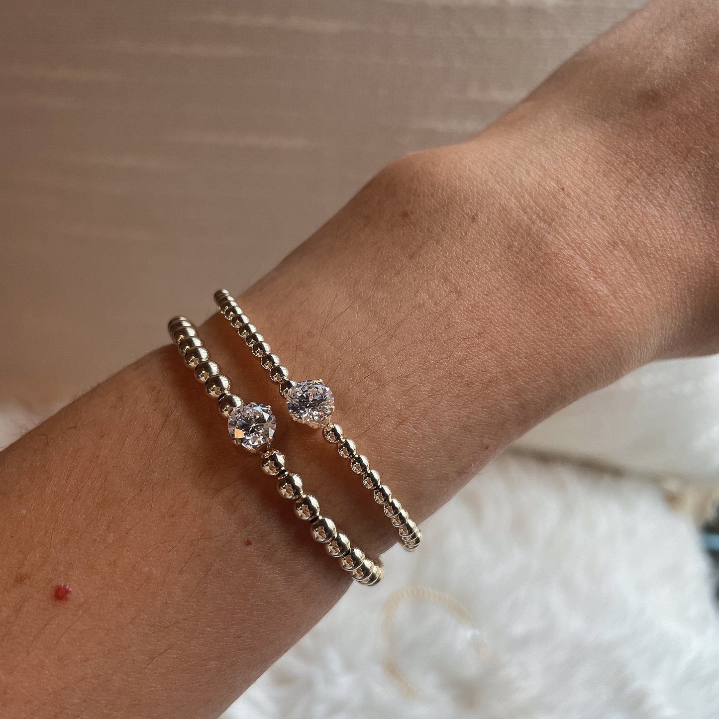 14K Gold Filled Beaded Bracelet: Diamond CZ Solitaire