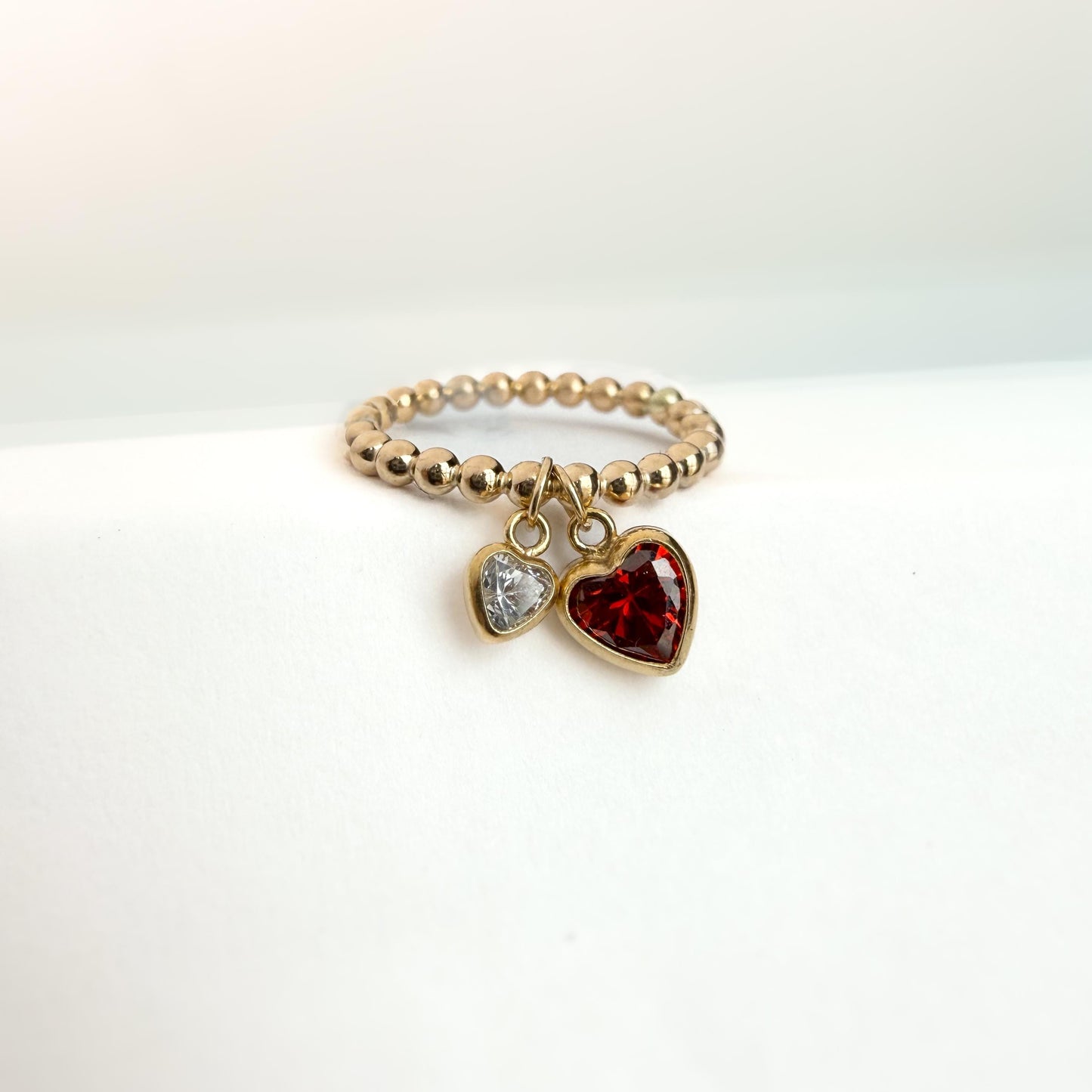 14K Gold-Filled Double Heart Diamond CZ Ring – Dainty Beaded Band