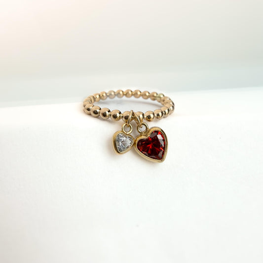 14K Gold-Filled Double Heart Diamond CZ Ring – Dainty Beaded Band
