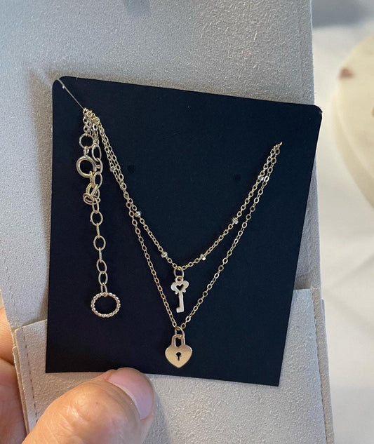 14K Gold-Filled Heart Lock and Key Double Strand Necklace