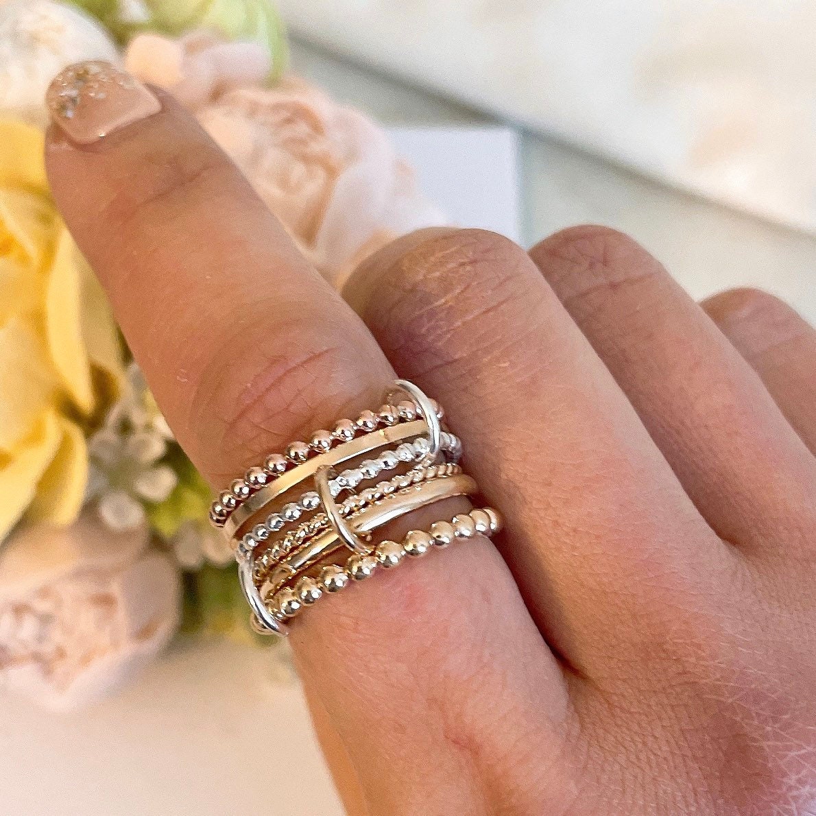14KGF Multi-Link Ring Set: Tricolor Stacking Rings (R8)