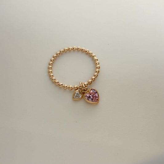 14K Gold-Filled Double Heart Diamond CZ Ring – Dainty Beaded Band