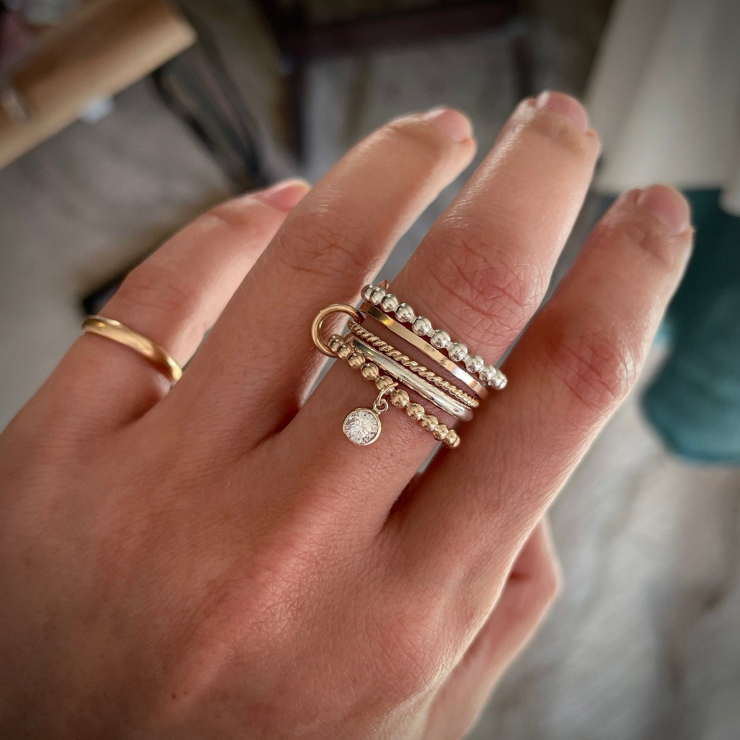 Belief Diamond Collection - Two-Tone Connected Ring: 14K Gold Fill & Sterling Silver Stacking Ring with Diamond Dangle (R12LGD)