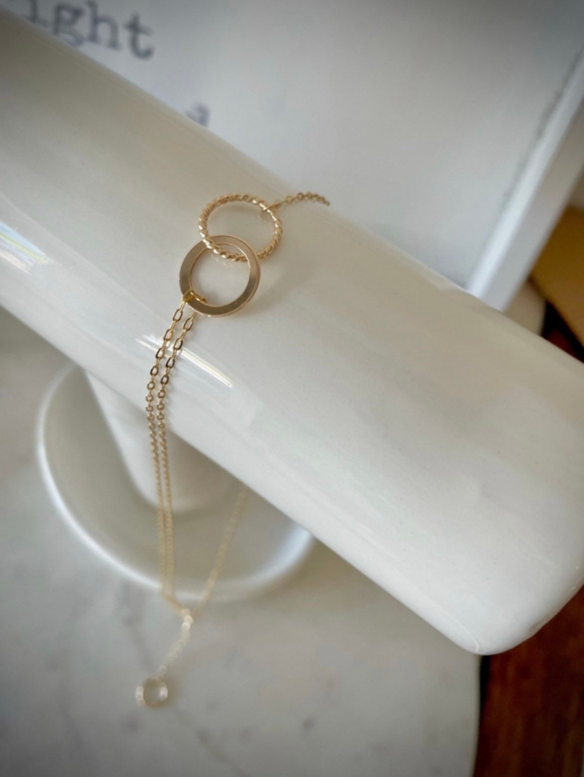 14K Gold Filled Necklace Bracelet Set: Disc Pendant, Double Strand