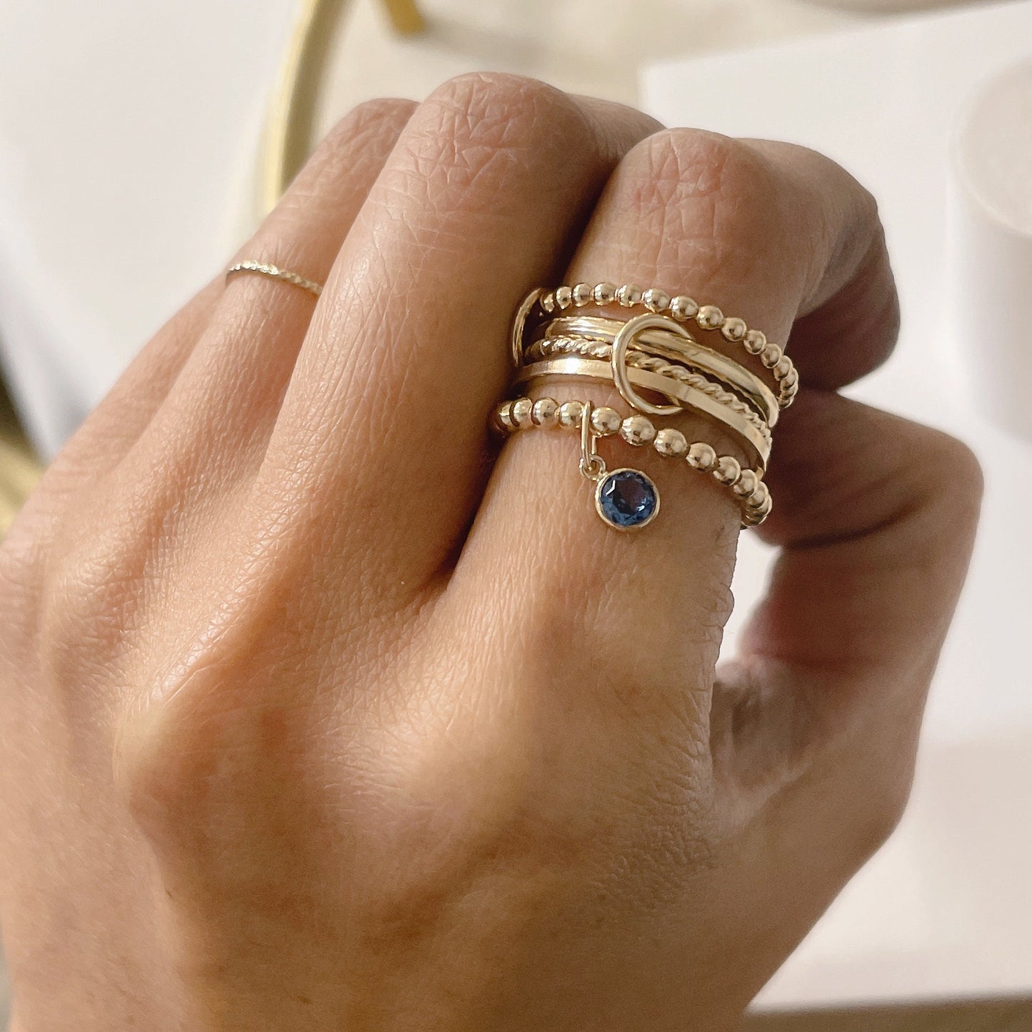 14KGF Gold Multi-Link Ring: Blue Zircon December Birthstone (R21)