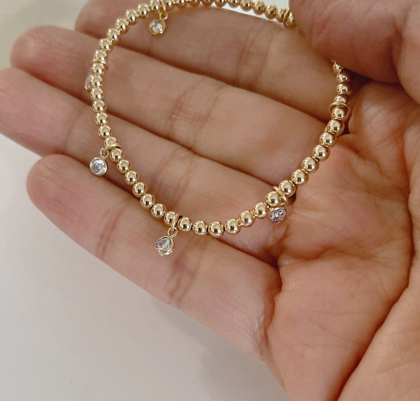 Belief Diamond Collection - 14KGF Beaded Bracelet with Diamond Dangles