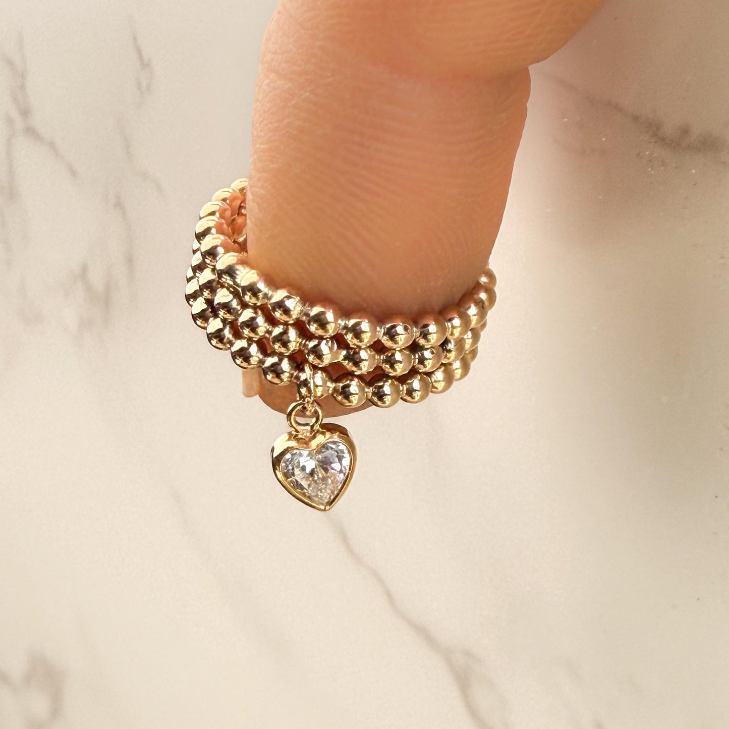 Belief Diamond Collection - Gold Filled Beaded Ring with Heart Charm, Triple Beaded Band, Stackable Pinky Ring, 4mm Moissanite Diamond or CZ