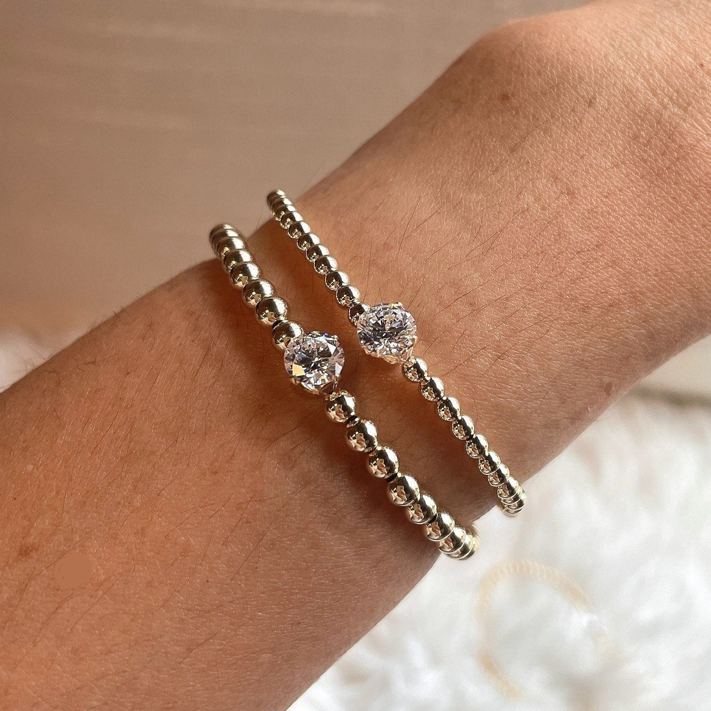 14K Gold Filled Beaded Bracelet: Diamond CZ Solitaire