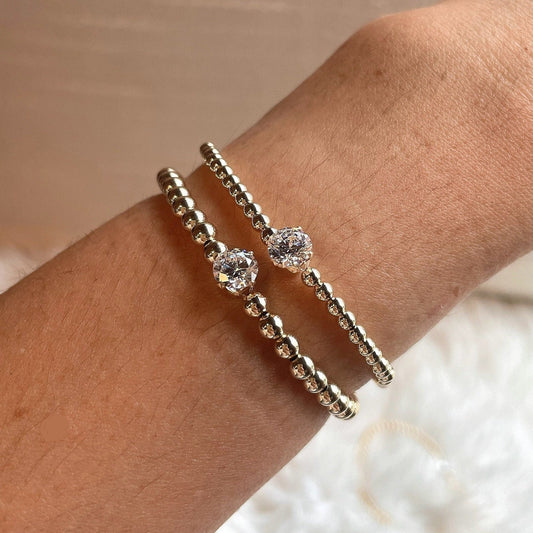 14K Gold Filled Beaded Bracelet: Diamond CZ Solitaire