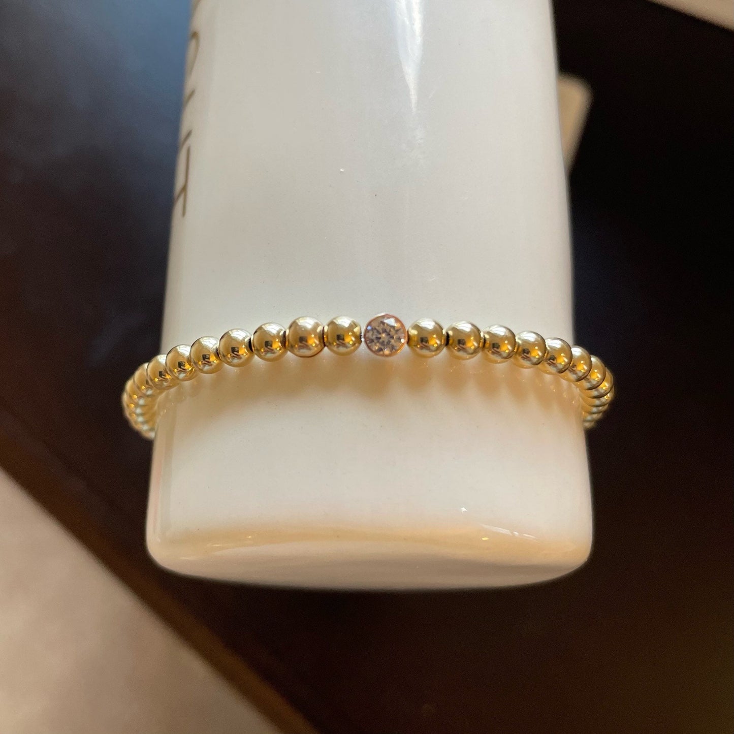14K Gold Filled Beaded Bracelet with Initial Disc & CZ