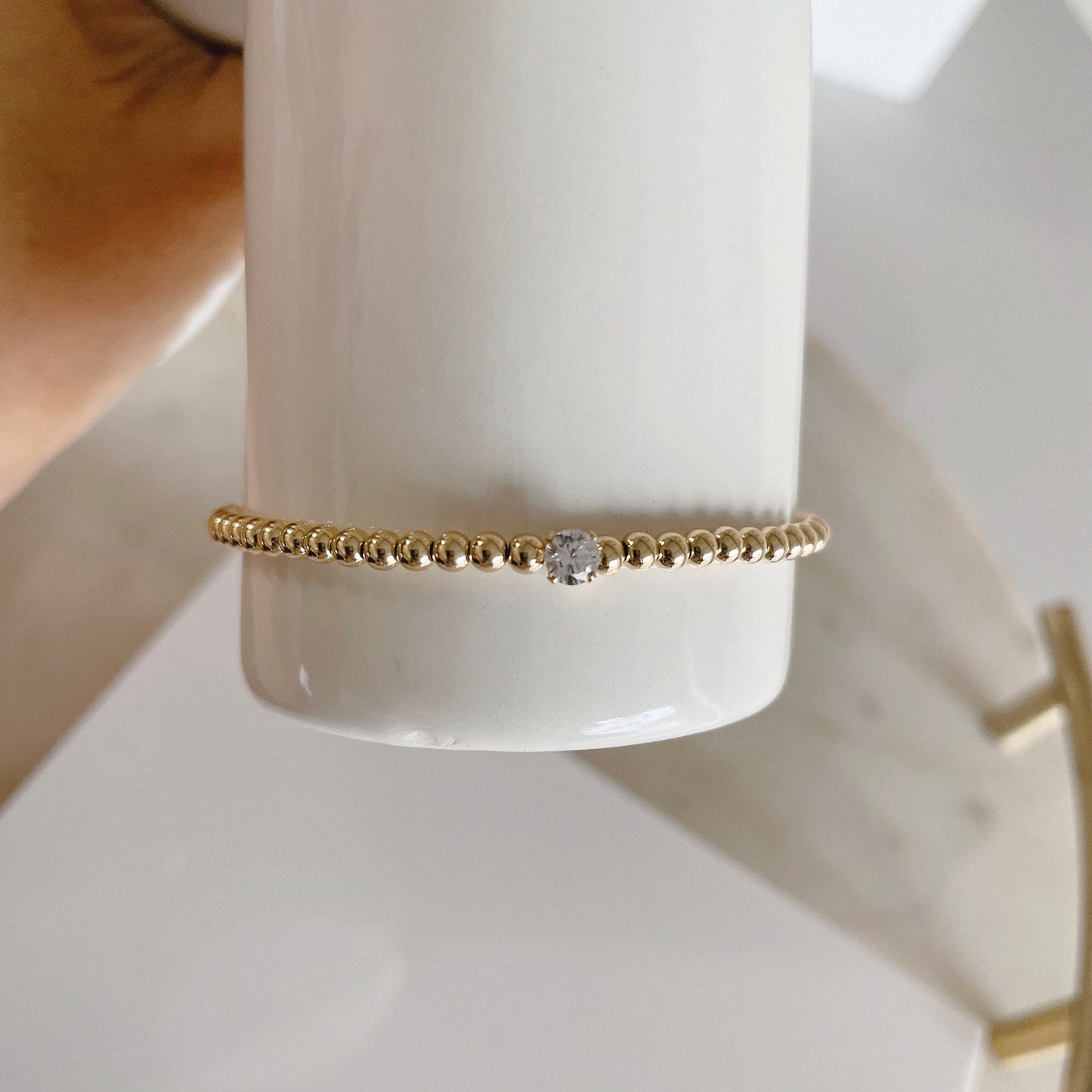 14K Gold Filled Beaded Bracelet: CZ Diamond Point Solitaire