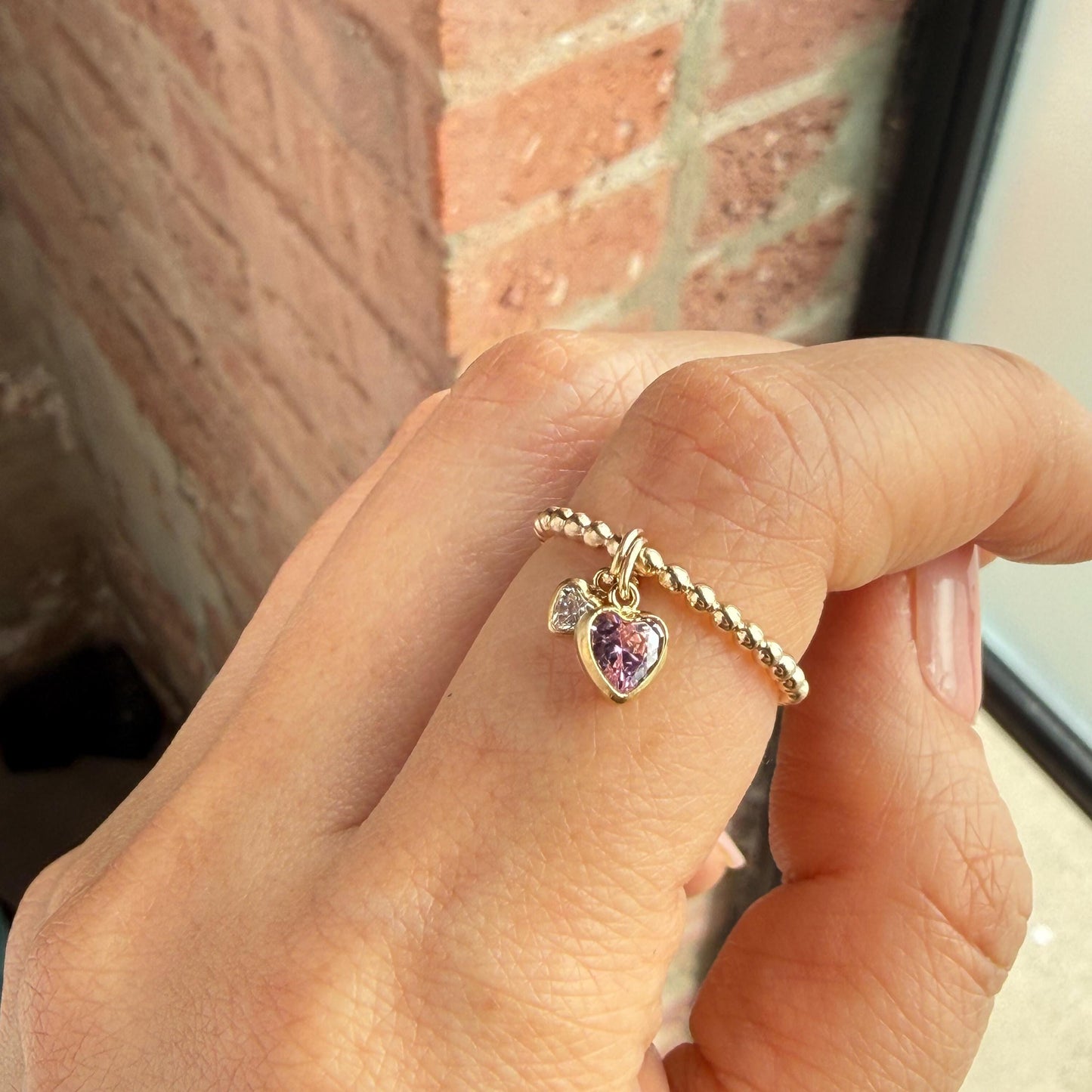 14K Gold-Filled Double Heart Diamond CZ Ring – Dainty Beaded Band