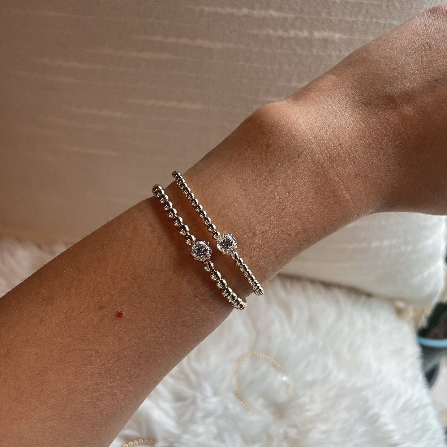 14K Gold Filled Beaded Bracelet: Diamond CZ Solitaire