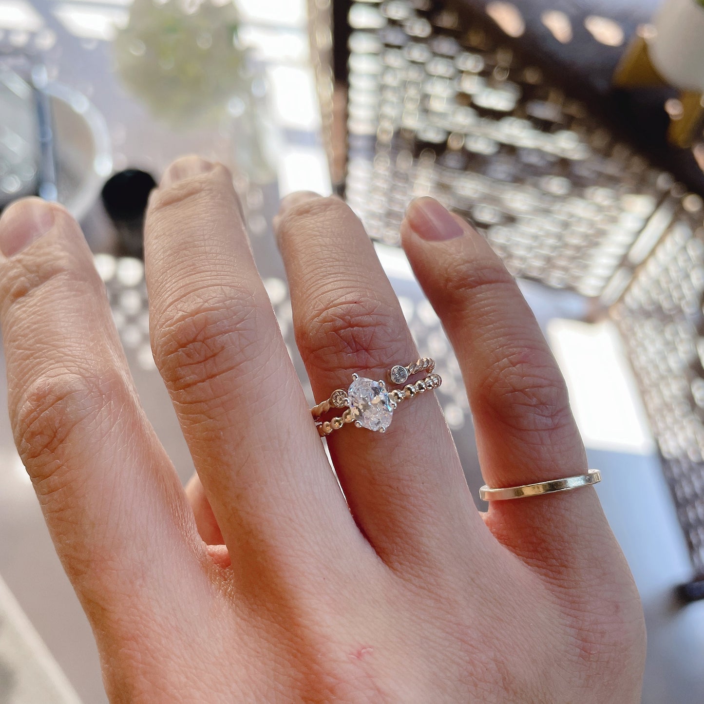 14KGF Solitaire Diamond Cut Oval CZ Ring Set, 7*5 Oval Prong Setting, 14K Gold filled Bead Band , Precious Stone Ring, 14K 1/20