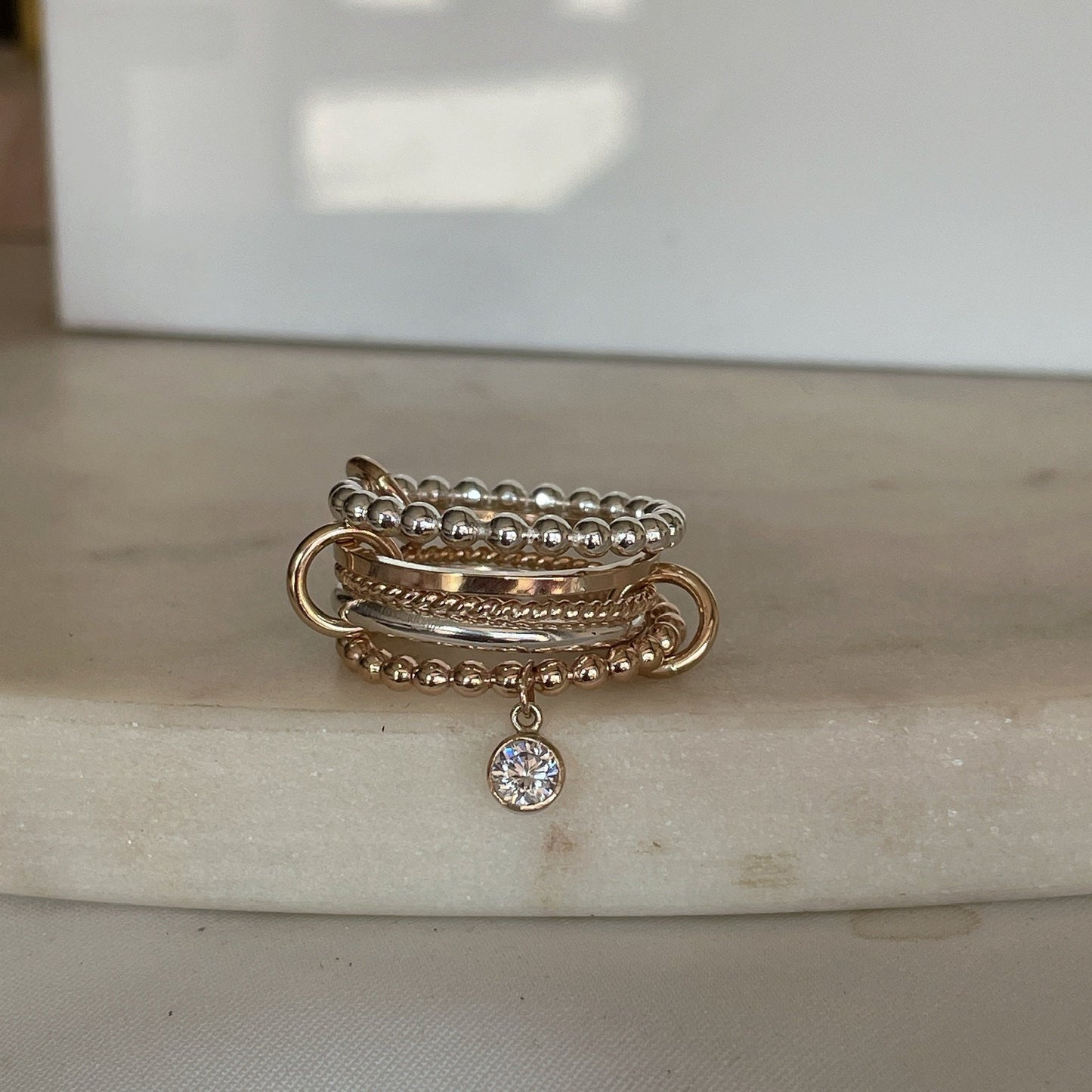 Two Tone 14K Gold Filled Layered Ring with Beaded and Twist Bands CZ Charm Stacking Ring Sterling Silver Gold Filled Mixed Metal Ring (R12)
