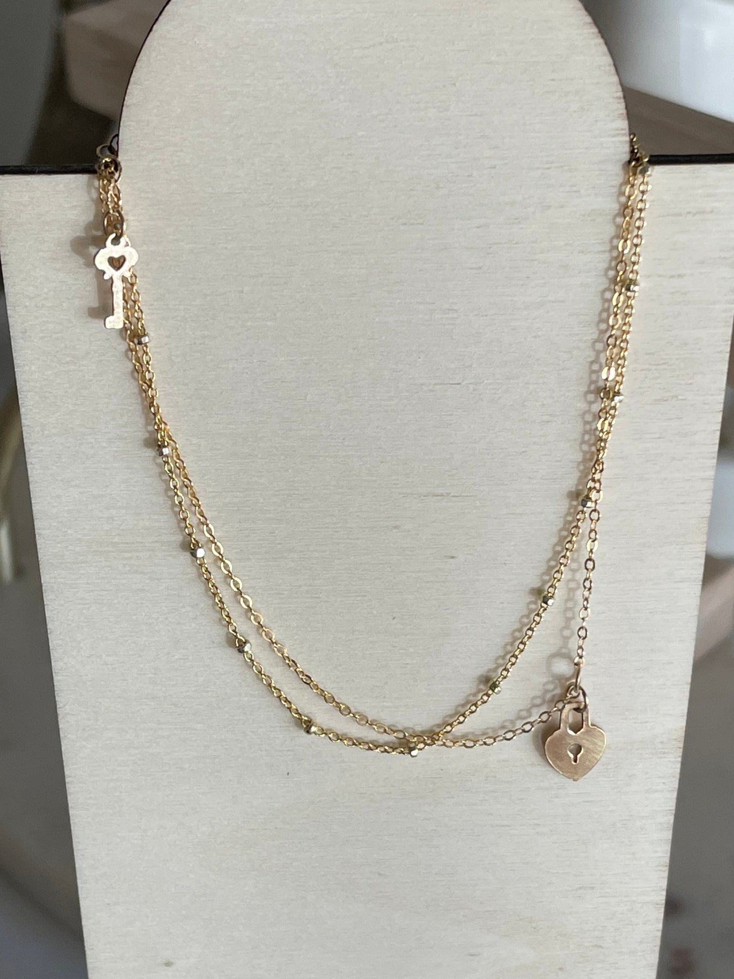 14KGF Gold Heart Lock and Key Double Stranded Anklet 14K Gold-Filled with 14K Solid Gold Dainty Anklet Gift for her