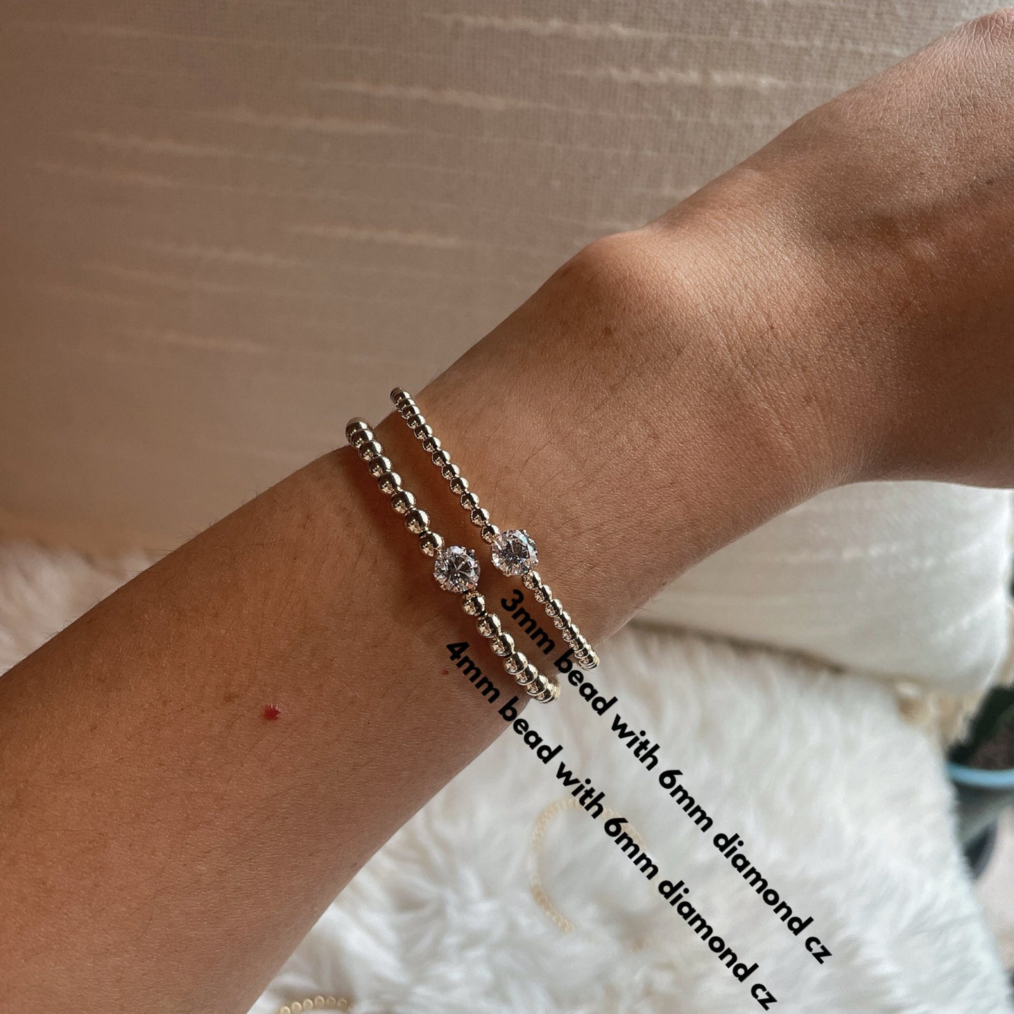 14K Gold Filled Beaded Bracelet: Diamond CZ Solitaire