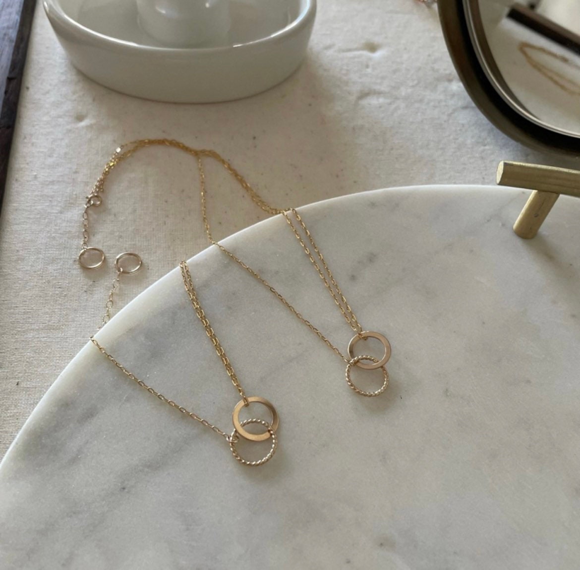 14K Gold Filled Necklace Bracelet Set: Disc Pendant, Double Strand