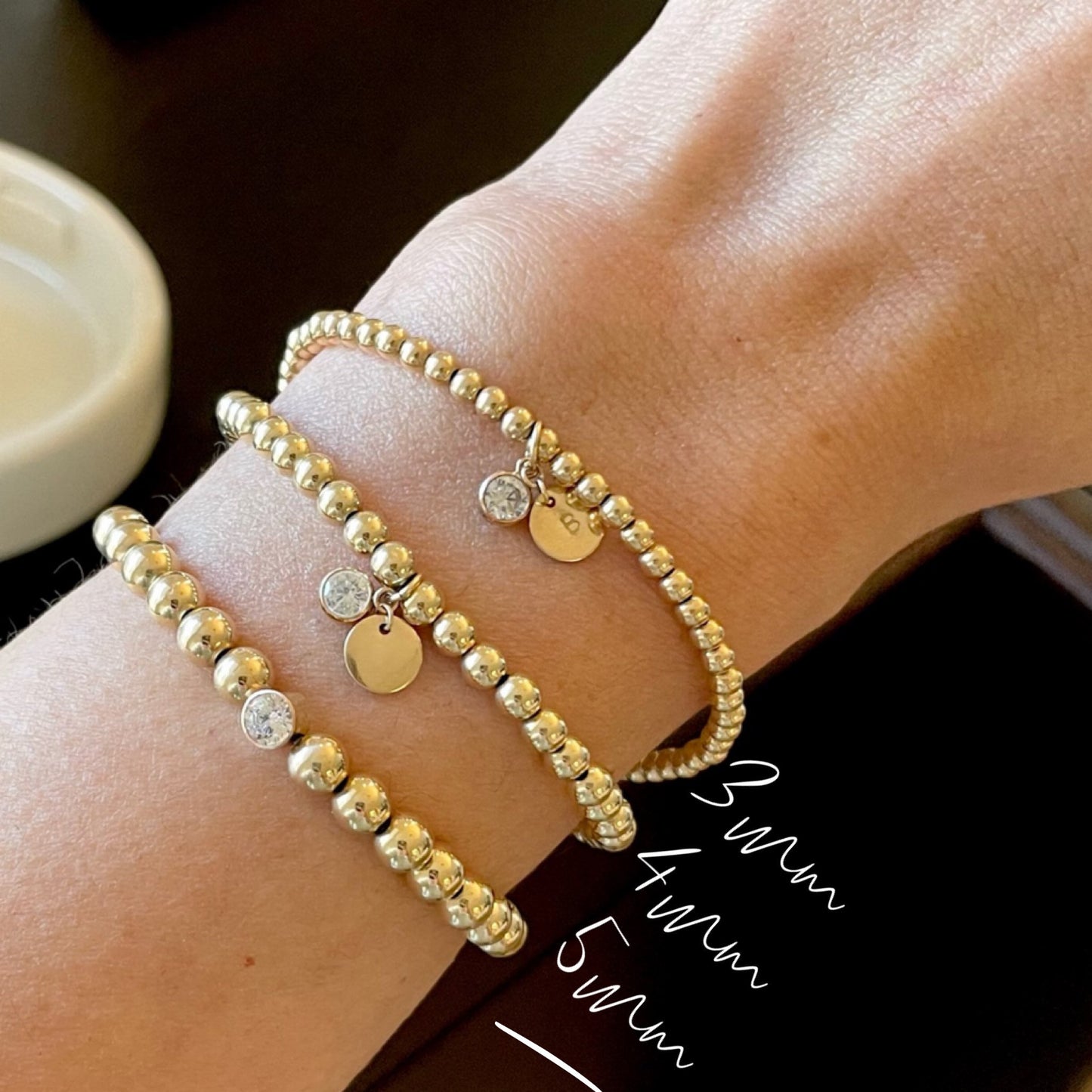 Belief Diamond Collection - 14K Gold Filled 3mm or 4mm Beaded Bracelet with Lab Diamond Drop & Personalized Disc Charm | Gold Ball Bracelet