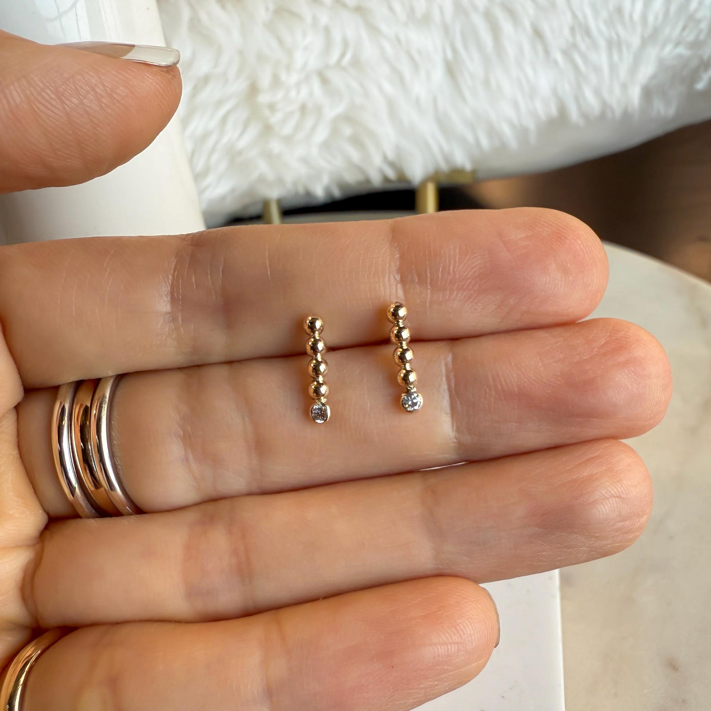 Belief Diamond Collection - 14K Gold Filled Lab Diamond Earrings: Handmade D-E VVS Beaded Bar