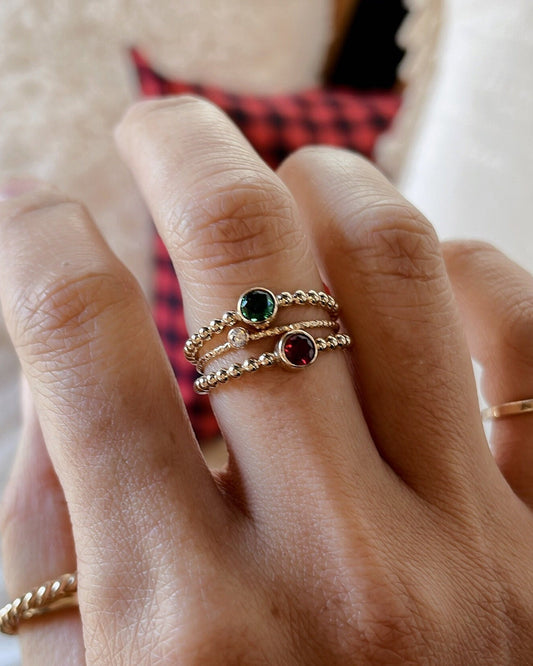14K Gold Filled Ring Set: Garnet, Emerald, CZ Stackable Rings