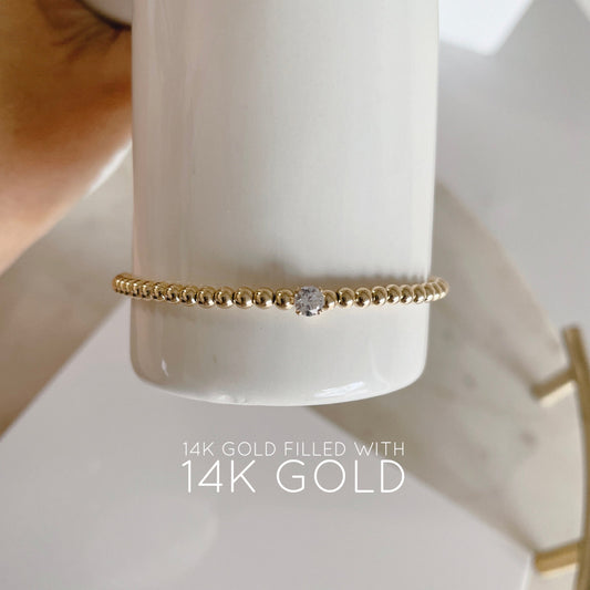 Belief Diamond Collection - 14K Gold Filled 3mm Beaded Bracelet with 0.25 ct Lab Diamond Solitaire | Double Strand Stretch Elastic Band