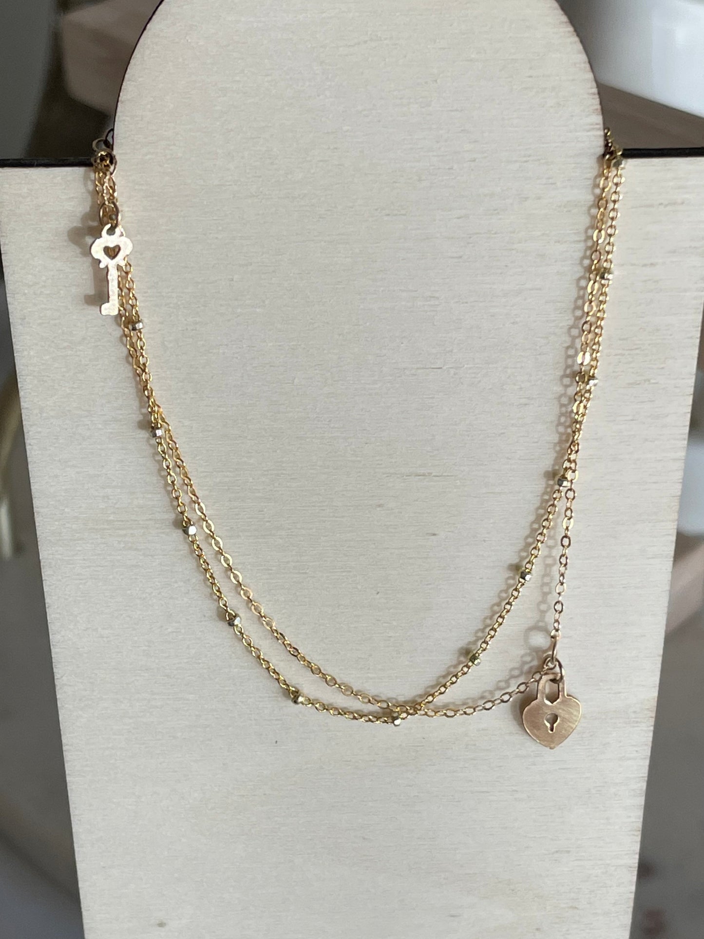 14K Gold-Filled Heart Lock and Key Double Strand Necklace