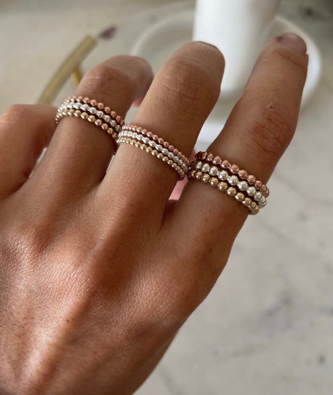 Tricolor 14KGF Ring Set: Gold, Rose Gold, Sterling Silver