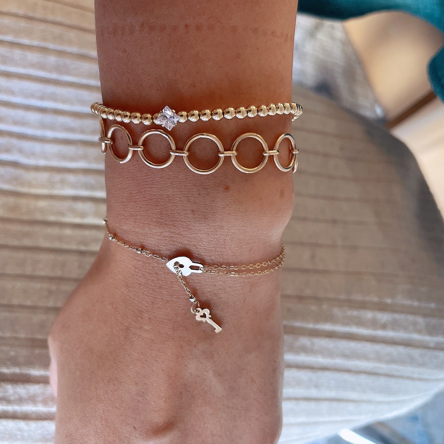 14KGF Gold Heart Lock and Key Bracelet 14K Gold-Filled with 14K Solid Gold Dainty Bracelet Double Strand Bracelet Everyday Bracelet 14K 1/20