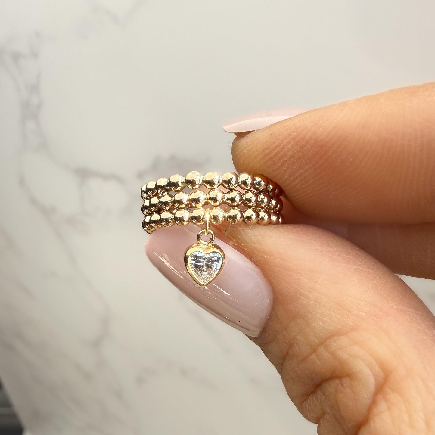 Belief Diamond Collection - Gold Filled Beaded Ring with Heart Charm, Triple Beaded Band, Stackable Pinky Ring, 4mm Moissanite Diamond or CZ