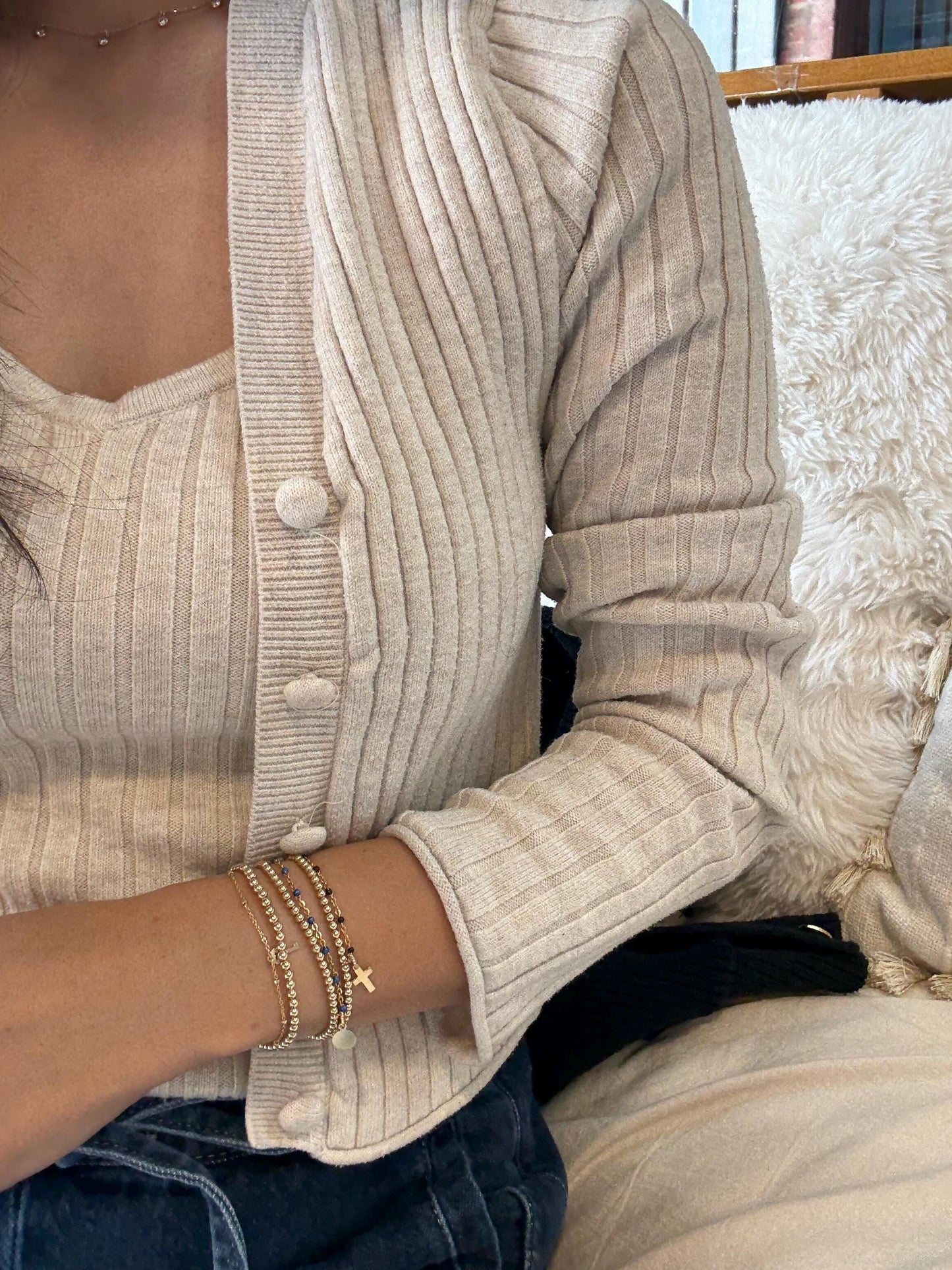 14KGF Dual Chain 3mm Gold Filled Beaded Bracelet | Easy Layered Look with Dainty Key Charm (B11)