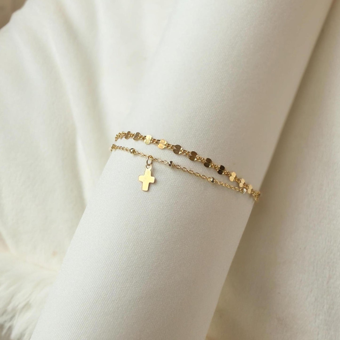 14KGF Gold Filled Double Chain Bracelet with Mini Cross Charm | Dapped & Satellite Layered Design | 1/20 14K Stamped