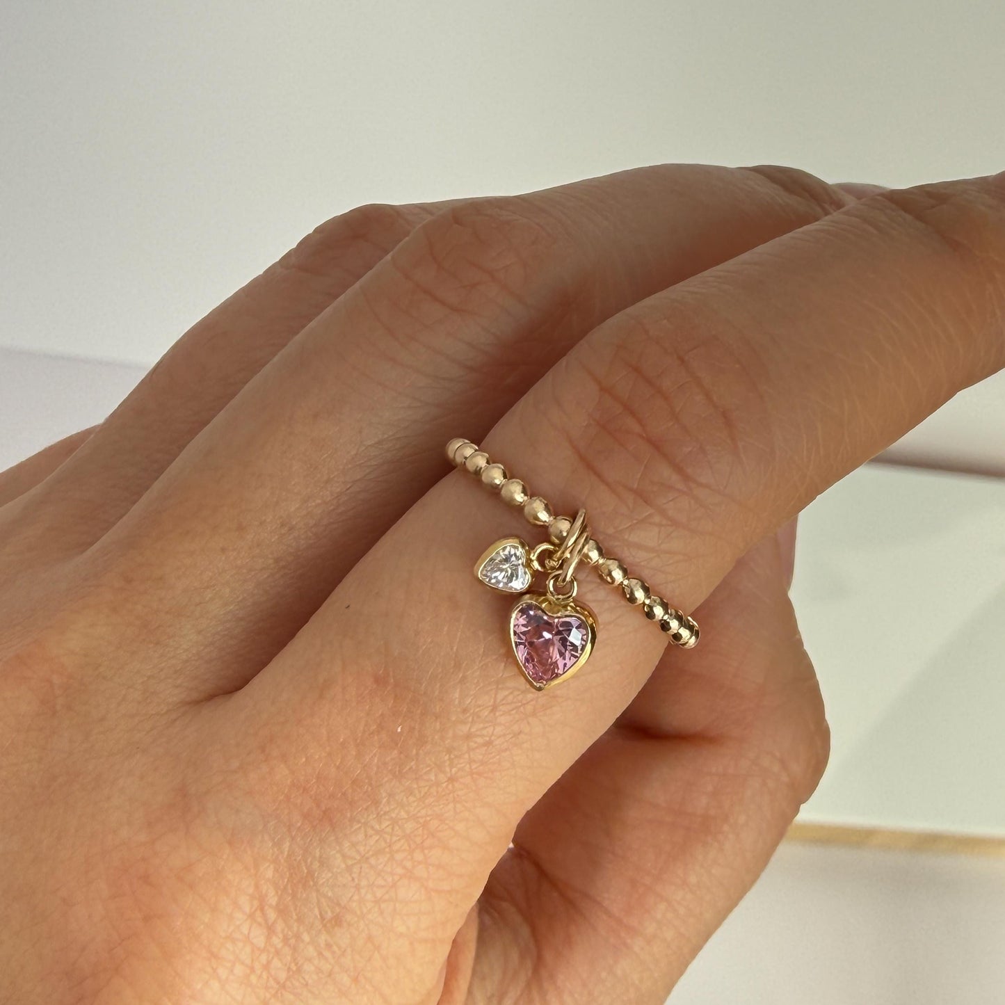 14K Gold-Filled Double Heart Diamond CZ Ring – Dainty Beaded Band