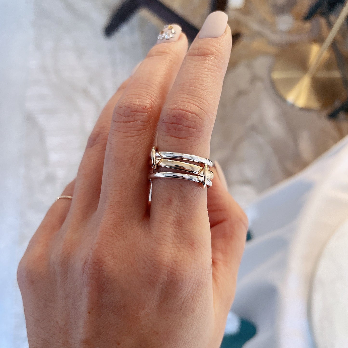Two-Tone Connected Rings: 14KGF Gold and Sterling Silver Stacking Ring (R2S1)