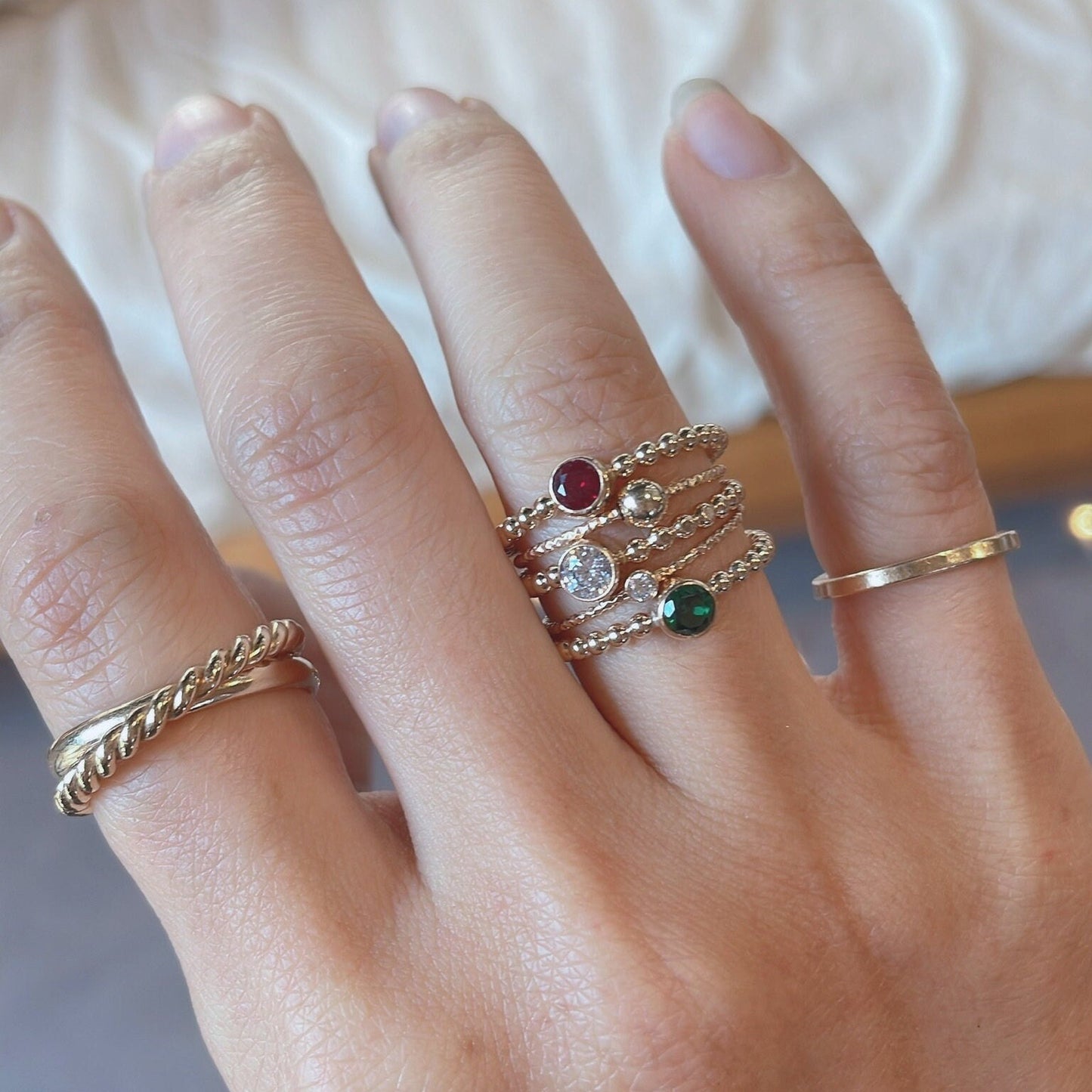 14K Gold Filled Ring Set: Garnet, Emerald, CZ Stackable Rings