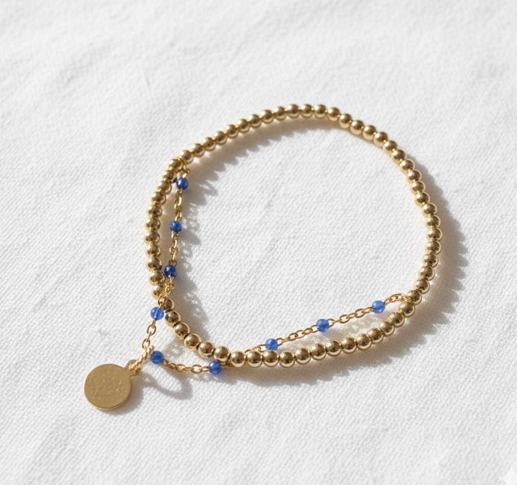 14KGF Dual Chain 3mm Gold Filled Beaded Bracelet | Easy Layered Look with Dainty Key Charm (B11)