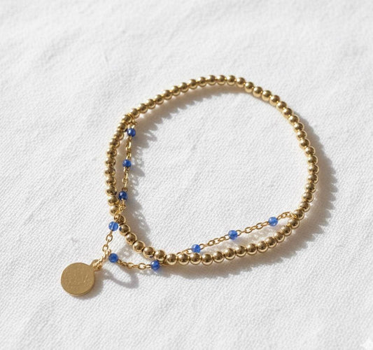 14KGF Dual Chain 3mm Gold Filled Beaded Bracelet | Easy Layered Look with Dainty Key Charm (B11)