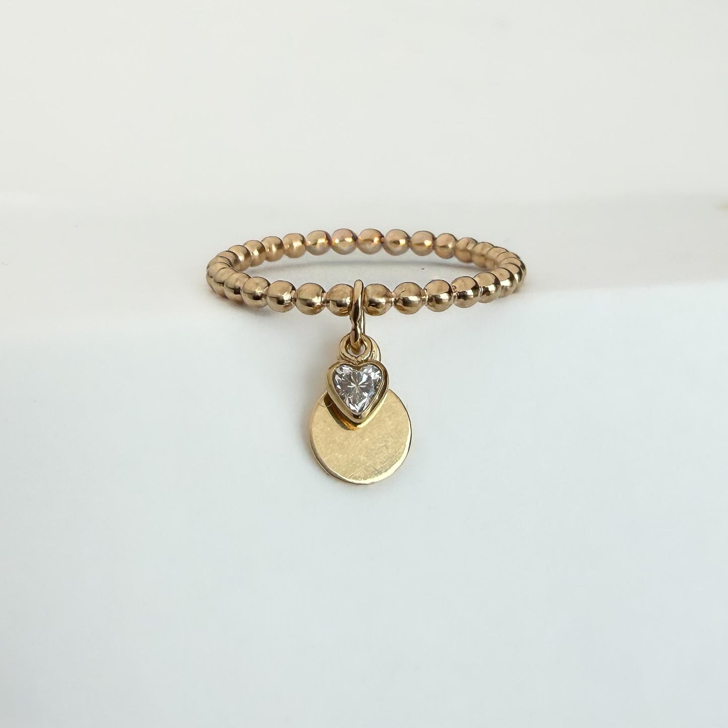 14K Gold Filled Disc and Heart Diamond CZ Ring Dainty Beaded Band Personalized