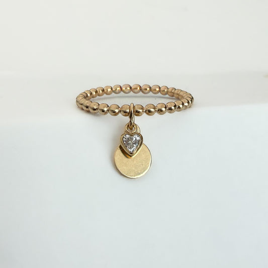14K Gold Filled Disc and Heart Diamond CZ Ring Dainty Beaded Band Personalized